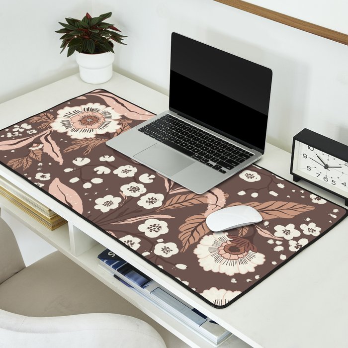 Winter Floral Vintage Pattern Warm Brown and Blush Botanical Design Desk Mat Gallery Image 2