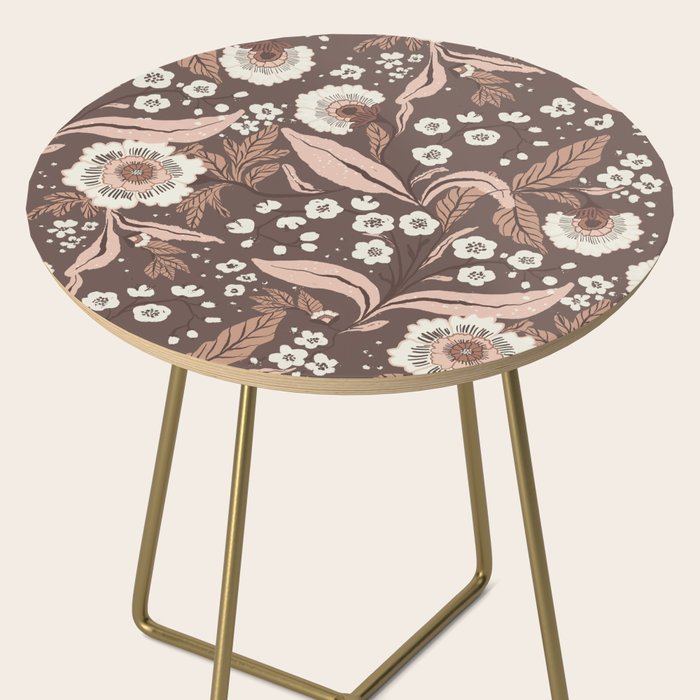 Winter Floral Vintage Pattern Warm Brown and Blush Botanical Design Side Table Gallery Image 2