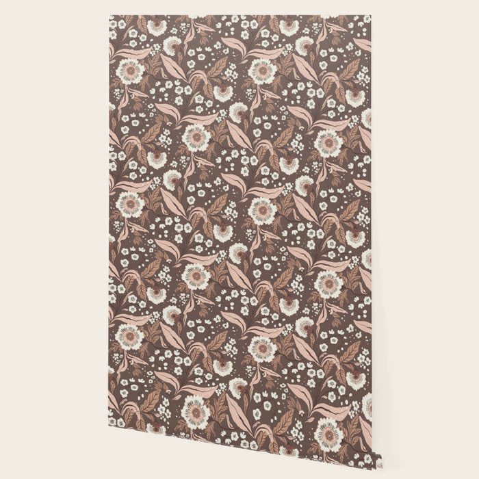 Winter Floral Vintage Pattern Warm Brown and Blush Botanical Design Wallpaper Gallery Image 2