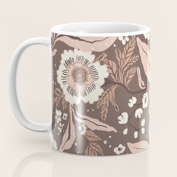 Winter Floral Vintage Pattern Warm Brown and Blush Botanical Design Coffee Mug Gallery Image 3
