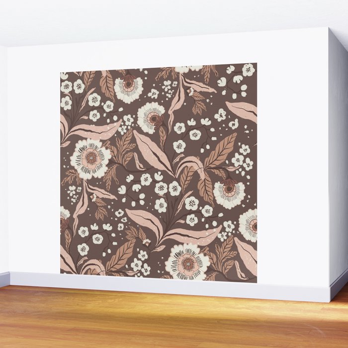 Winter Floral Vintage Pattern Warm Brown and Blush Botanical Design Wall Mural Gallery Image 2