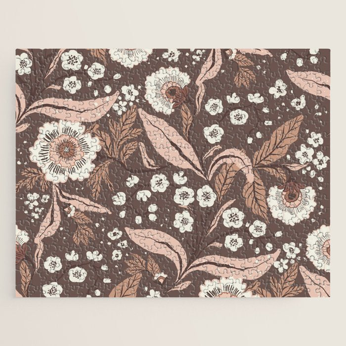 Winter Floral Vintage Pattern Warm Brown and Blush Botanical Design Jigsaw Puzzle Gallery Image 1