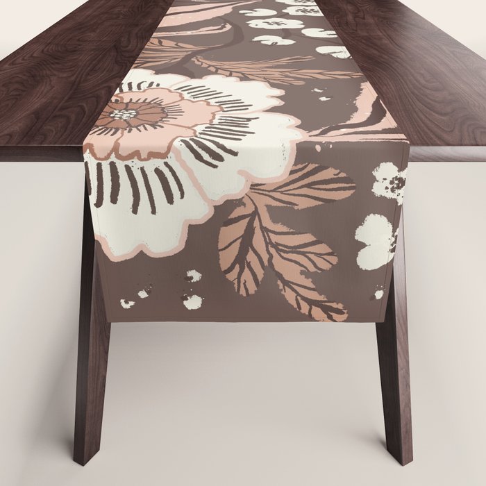 Winter Floral Vintage Pattern Warm Brown and Blush Botanical Design Table Runner Gallery Image 1