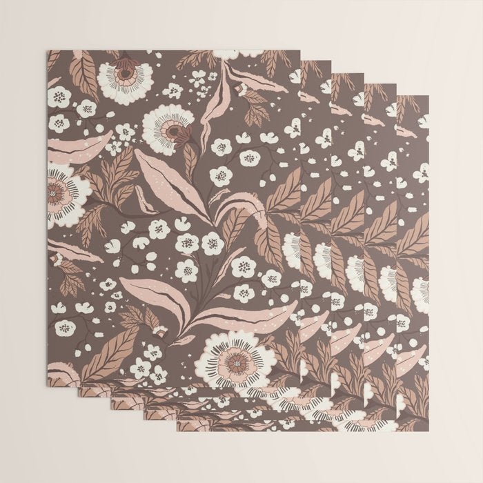 Winter Floral Vintage Pattern Warm Brown and Blush Botanical Design Wrapping Paper Gallery Image 3