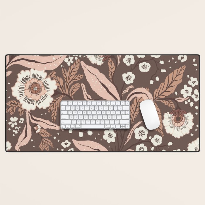 Winter Floral Vintage Pattern Warm Brown and Blush Botanical Design Desk Mat Gallery Image 1