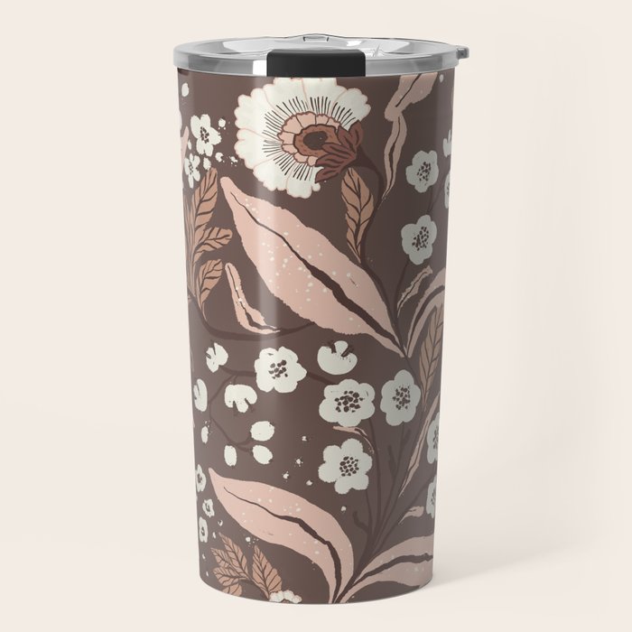Winter Floral Vintage Pattern Warm Brown and Blush Botanical Design Travel Mug Gallery Image 1