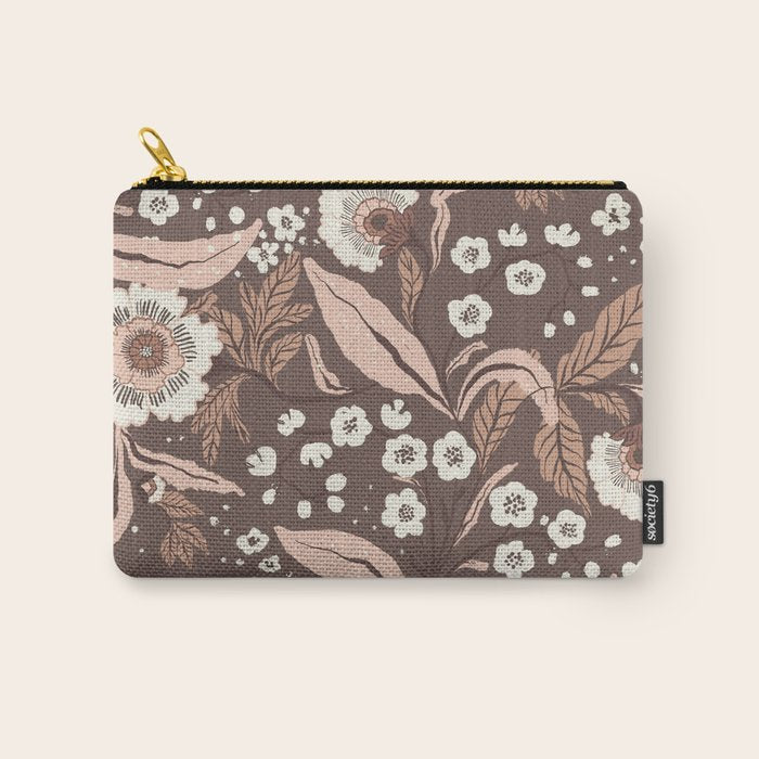 Winter Floral Vintage Pattern Warm Brown and Blush Botanical Design Carry All Pouch Gallery Image 1