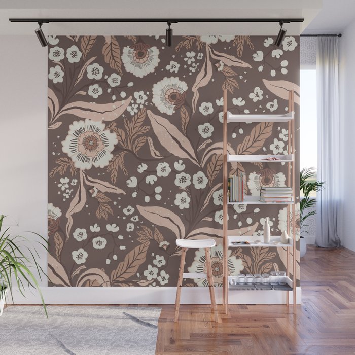 Winter Floral Vintage Pattern Warm Brown and Blush Botanical Design Wall Mural Gallery Image 1
