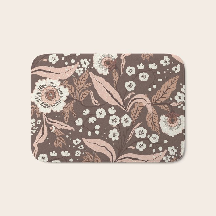 Winter Floral Vintage Pattern Warm Brown and Blush Botanical Design Bath Mat Gallery Image 1