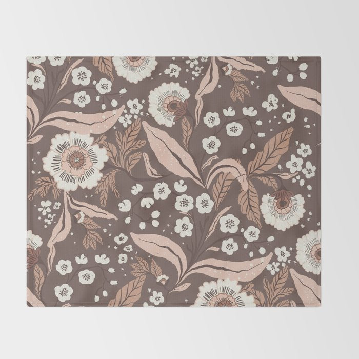 Winter Floral Vintage Pattern Warm Brown and Blush Botanical Design Throw Blanket Gallery Image 2