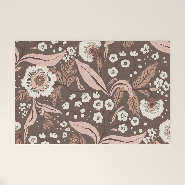 Winter Floral Vintage Pattern Warm Brown and Blush Botanical Design Welcome Mat Gallery Image 1
