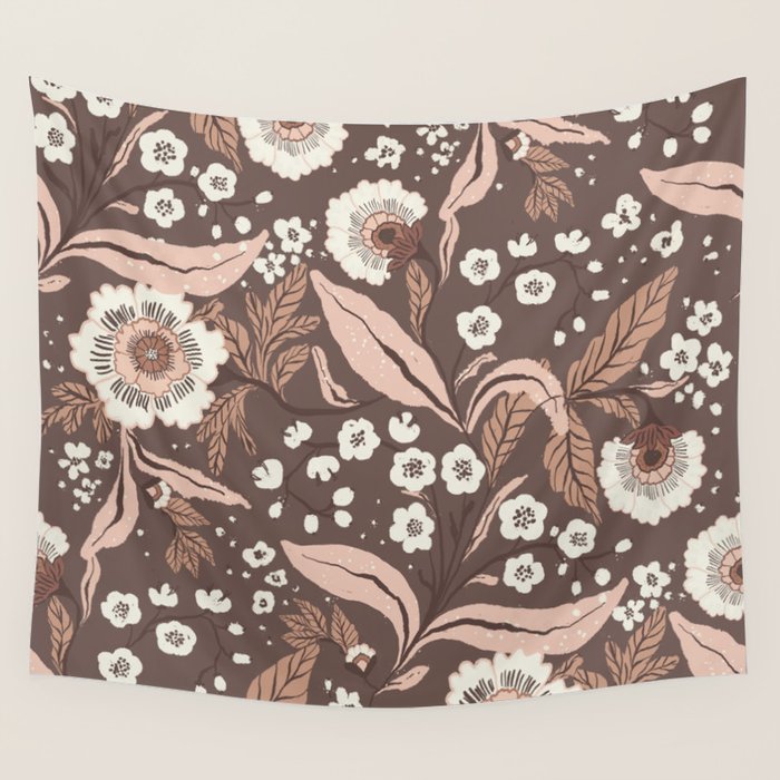 Winter Floral Vintage Pattern Warm Brown and Blush Botanical Design Wall Tapestry Gallery Image 4