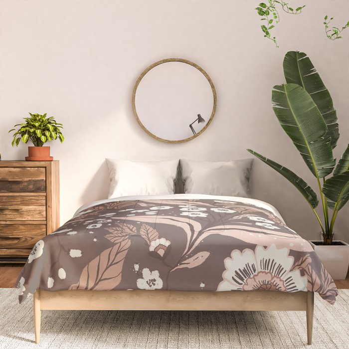 Winter Floral Vintage Pattern Warm Brown and Blush Botanical Design Comforter Gallery Image 3