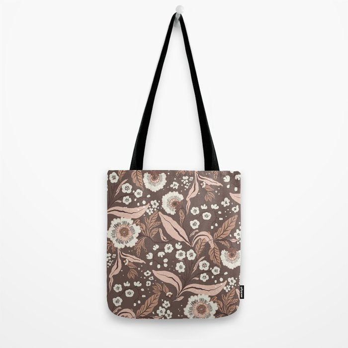 Winter Floral Vintage Pattern Warm Brown and Blush Botanical Design Tote Bag Gallery Image 2