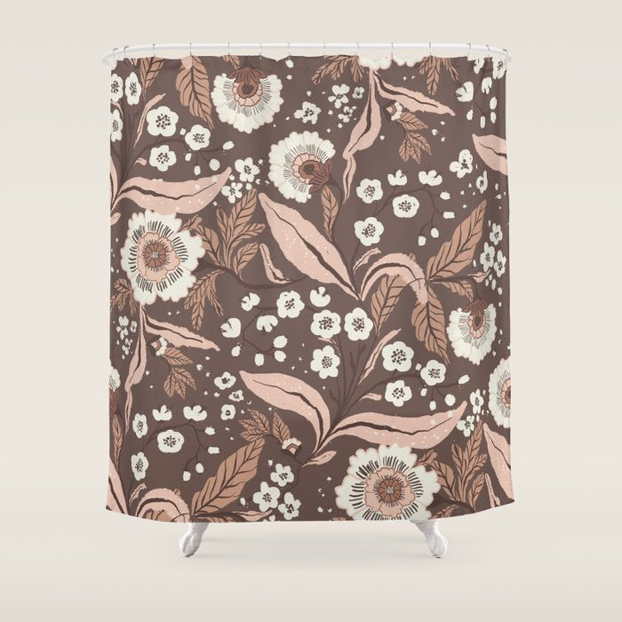 Winter Floral Vintage Pattern Warm Brown and Blush Botanical Design Shower Curtain Gallery Image 1
