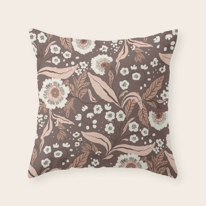 Winter Floral Vintage Pattern Warm Brown and Blush Botanical Design Throw Pillow Gallery Image 6