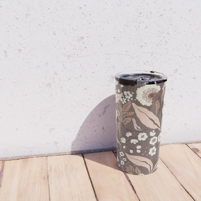 Winter Floral Vintage Pattern Warm Brown and Blush Botanical Design Travel Mug Gallery Image 4