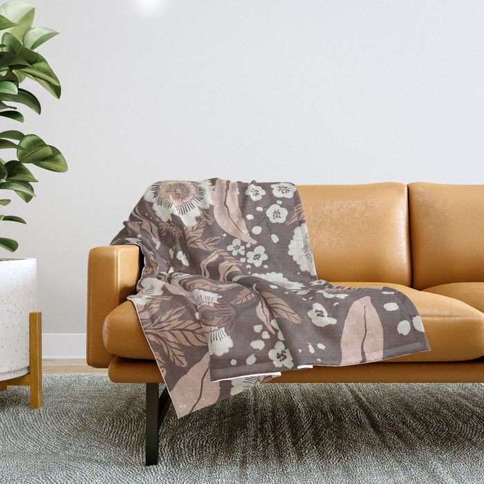 Winter Floral Vintage Pattern Warm Brown and Blush Botanical Design Throw Blanket Gallery Image 1
