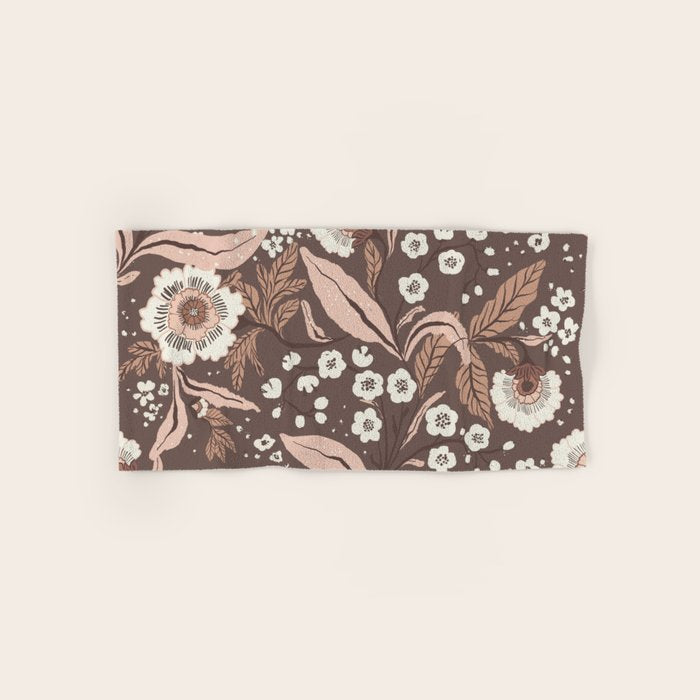 Winter Floral Vintage Pattern Warm Brown and Blush Botanical Design Bath Towel Gallery Image 1