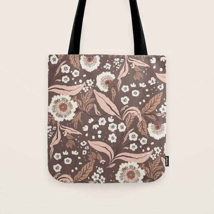 Winter Floral Vintage Pattern Warm Brown and Blush Botanical Design Tote Bag Gallery Image 1