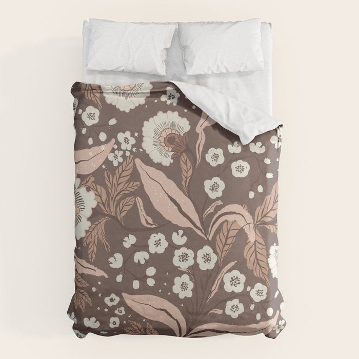 Winter Floral Vintage Pattern Warm Brown and Blush Botanical Design Duvet Cover Gallery Image 1