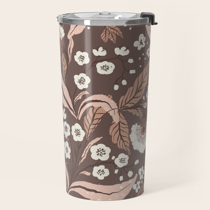 Winter Floral Vintage Pattern Warm Brown and Blush Botanical Design Travel Mug Gallery Image 2