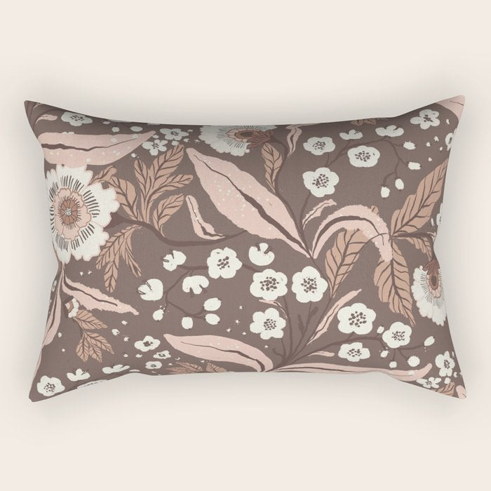 Winter Floral Vintage Pattern Warm Brown and Blush Botanical Design Rectangular Pillow Gallery Image 1