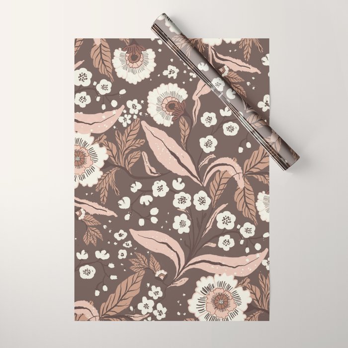 Winter Floral Vintage Pattern Warm Brown and Blush Botanical Design Wrapping Paper Gallery Image 1
