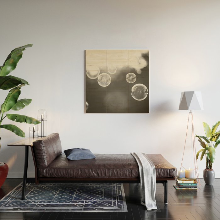 Bubble Photography, Black and White Bathroom Art, Laundry Room Photo Wood Wall Art Gallery Image 2