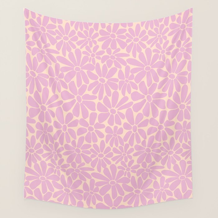 Retro Floral - Cream and Pink Wall Tapestry Gallery Image 1