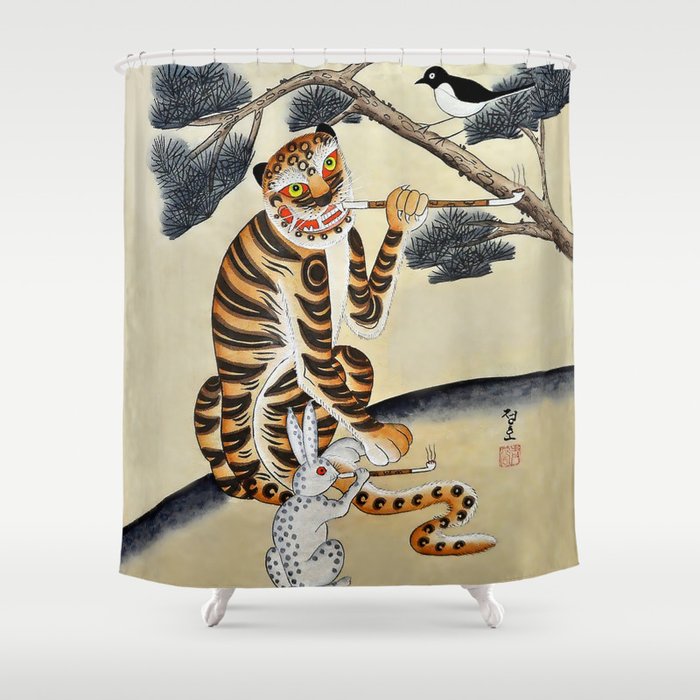 Korean Minhwa Tiger with Pipe Shower Curtain Gallery Image 1