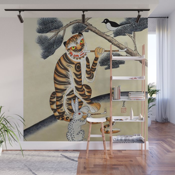 Korean Minhwa Tiger with Pipe Wall Mural Gallery Image 1