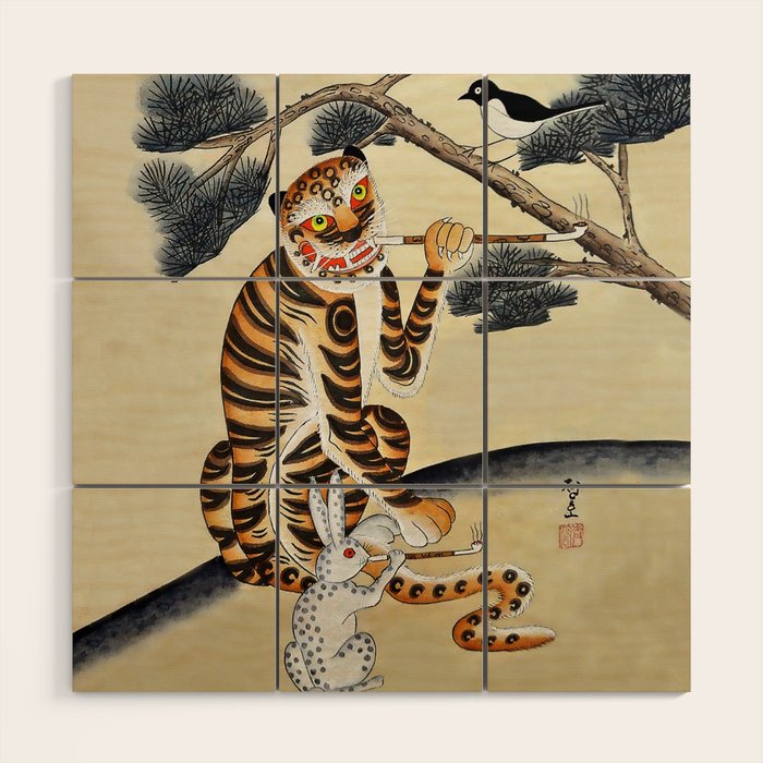 Korean Minhwa Tiger with Pipe Wood Wall Art Gallery Image 1