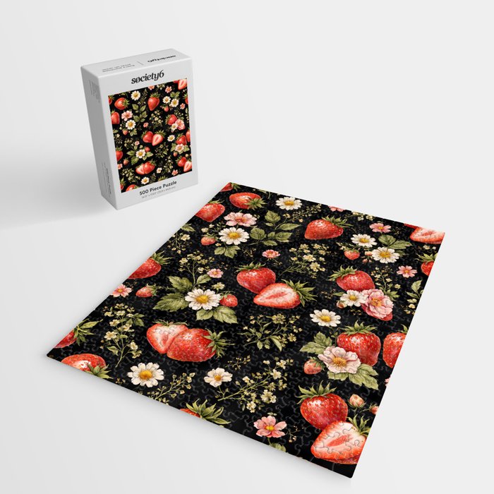 Luxury Strawberry Botanical Pattern - Dark Floral Aesthetic Jigsaw Puzzle Gallery Image 2
