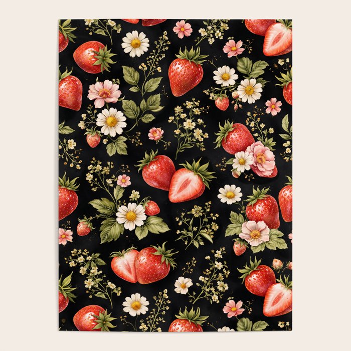 Luxury Strawberry Botanical Pattern - Dark Floral Aesthetic Poster Gallery Image 4