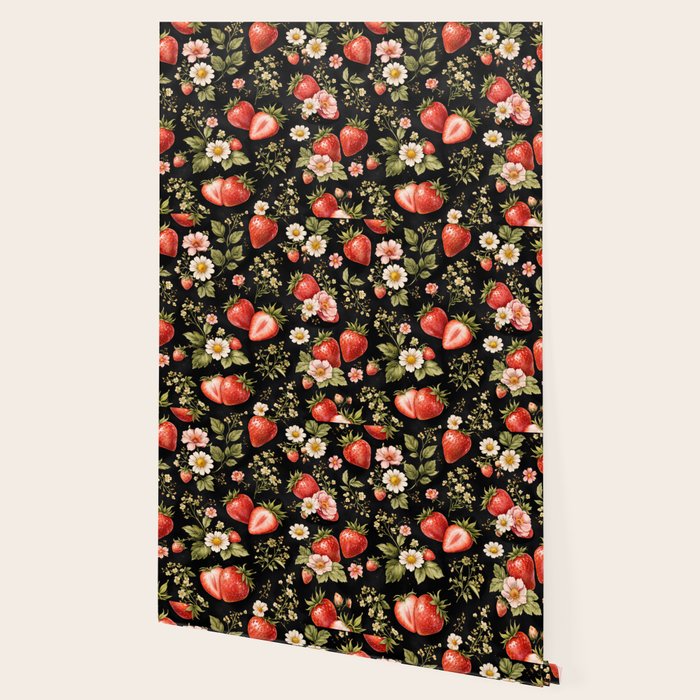 Luxury Strawberry Botanical Pattern - Dark Floral Aesthetic Wallpaper Gallery Image 2