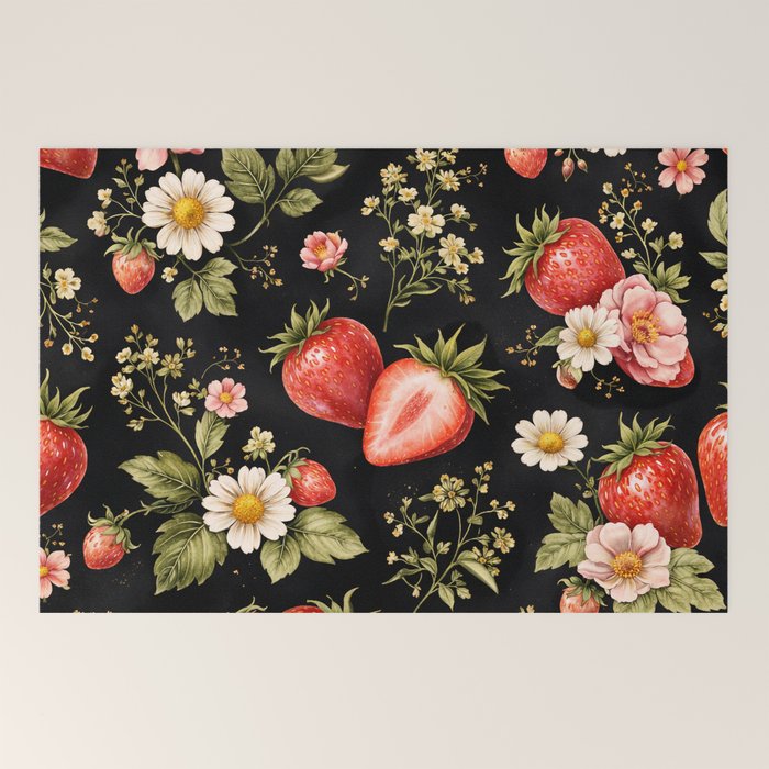 Luxury Strawberry Botanical Pattern - Dark Floral Aesthetic Welcome Mat Gallery Image 2