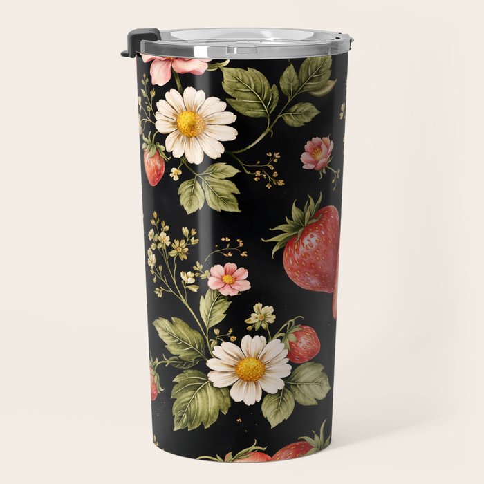 Luxury Strawberry Botanical Pattern - Dark Floral Aesthetic Travel Mug Gallery Image 3