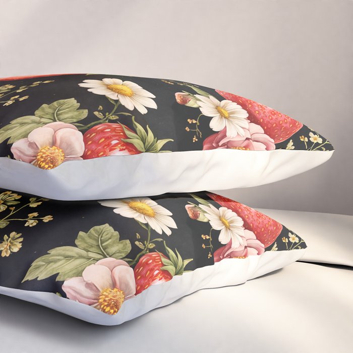 Luxury Strawberry Botanical Pattern - Dark Floral Aesthetic Pillow Sham Gallery Image 3
