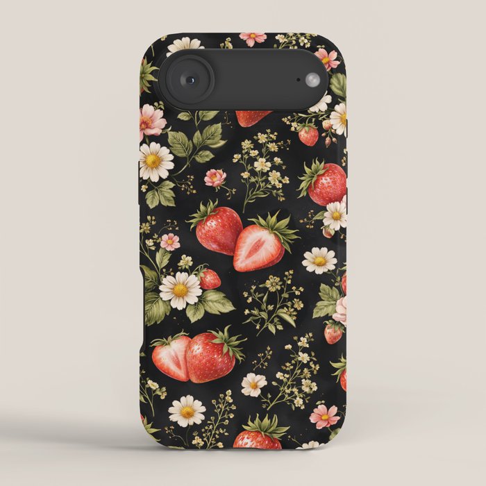 Luxury Strawberry Botanical Pattern - Dark Floral Aesthetic iPhone Case Gallery Image 2