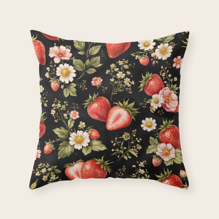 Luxury Strawberry Botanical Pattern - Dark Floral Aesthetic Throw Pillow Gallery Image 1