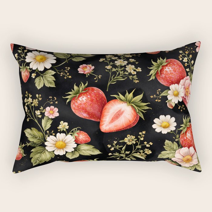 Luxury Strawberry Botanical Pattern - Dark Floral Aesthetic Rectangular Pillow Gallery Image 1