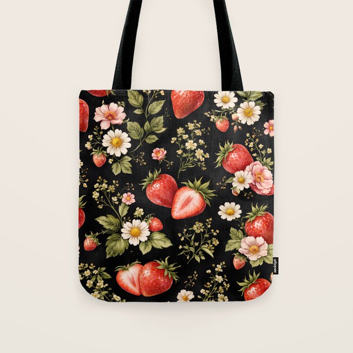 Luxury Strawberry Botanical Pattern - Dark Floral Aesthetic Tote Bag Gallery Image 1