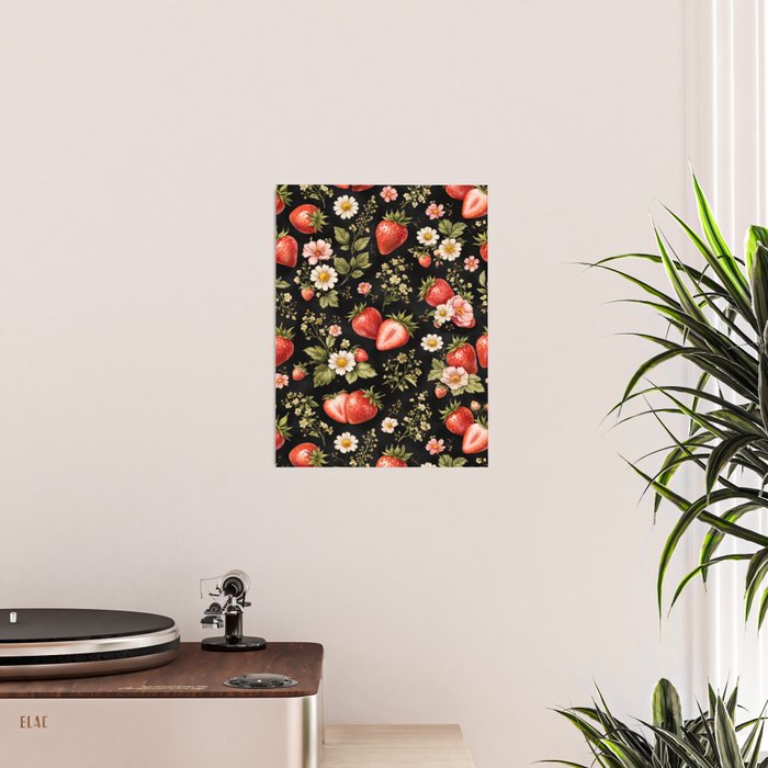Luxury Strawberry Botanical Pattern - Dark Floral Aesthetic Poster Gallery Image 2