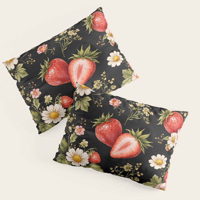 Luxury Strawberry Botanical Pattern - Dark Floral Aesthetic Pillow Sham Gallery Image 1