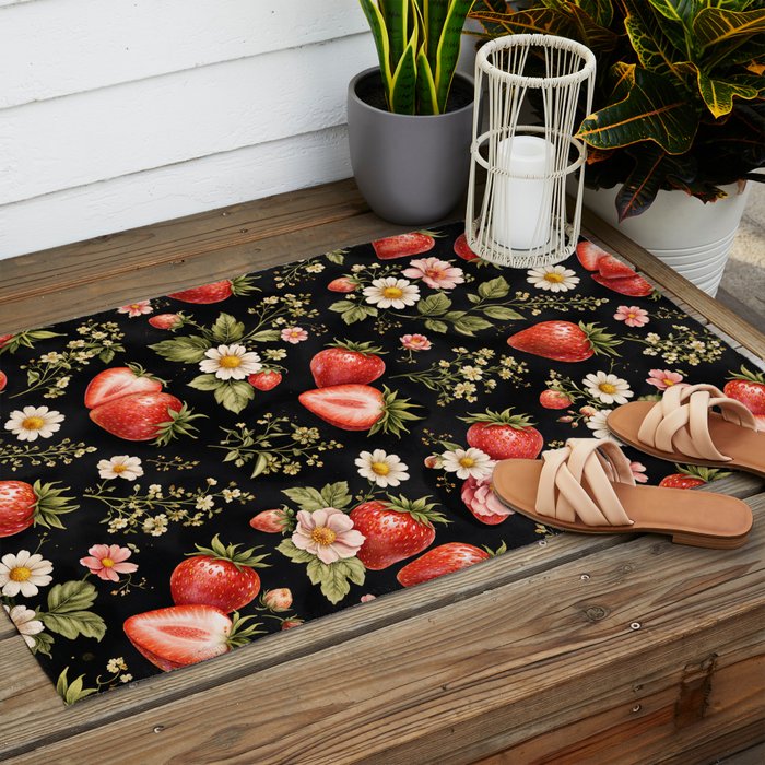 Luxury Strawberry Botanical Pattern - Dark Floral Aesthetic Outdoor Rug Gallery Image 2