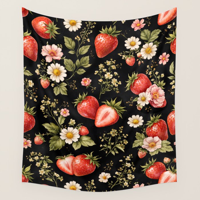 Luxury Strawberry Botanical Pattern - Dark Floral Aesthetic Wall Tapestry Gallery Image 4