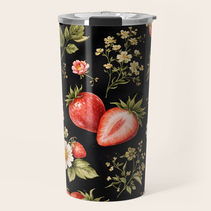 Luxury Strawberry Botanical Pattern - Dark Floral Aesthetic Travel Mug Gallery Image 1