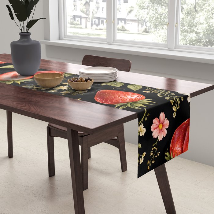 Luxury Strawberry Botanical Pattern - Dark Floral Aesthetic Table Runner Gallery Image 2
