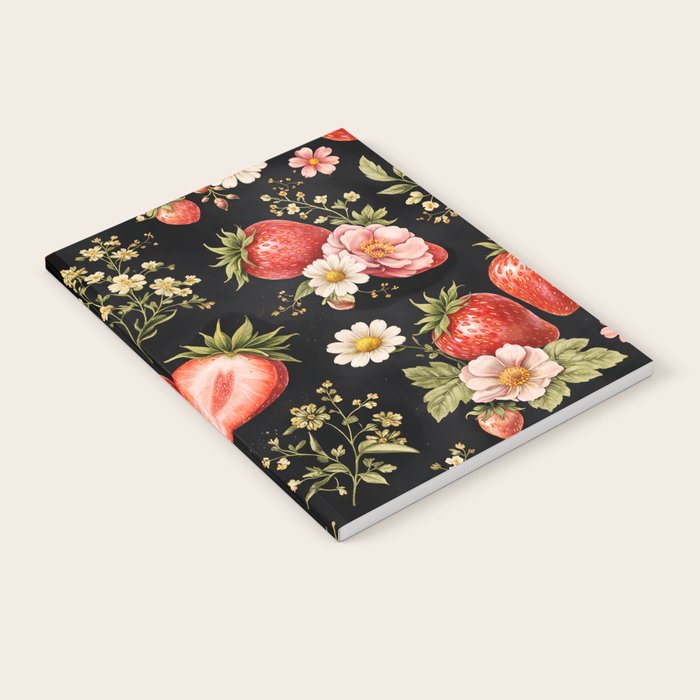 Luxury Strawberry Botanical Pattern - Dark Floral Aesthetic Notebook Gallery Image 2